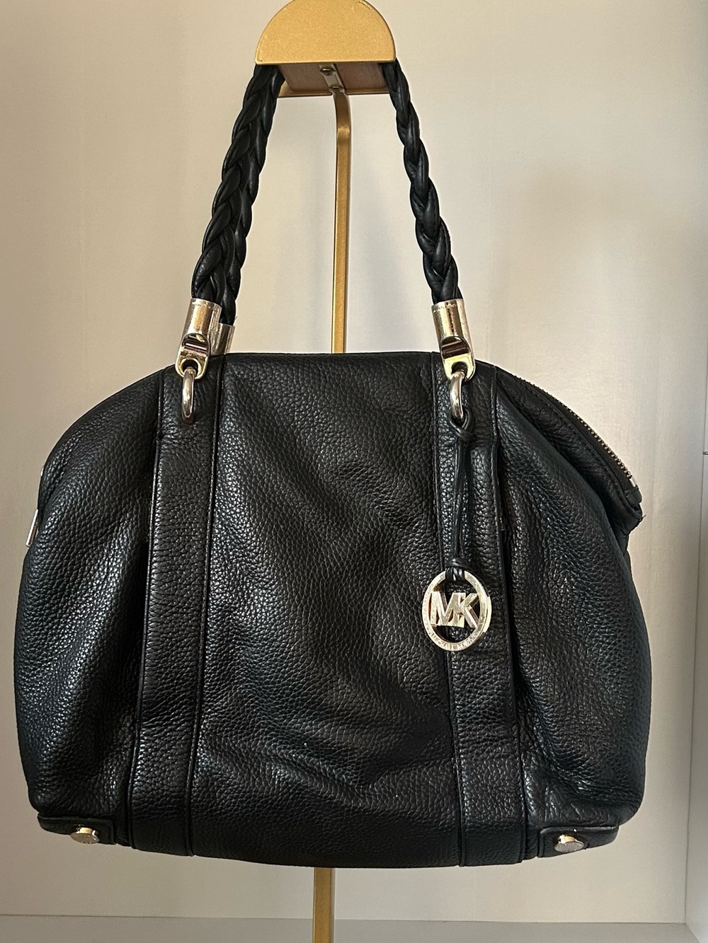 Michael Kors Black Leather Braided-Handle Shoulder Bag with Gold Hardware